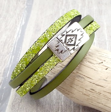 Kit bracelet cuir vert ethnique argent